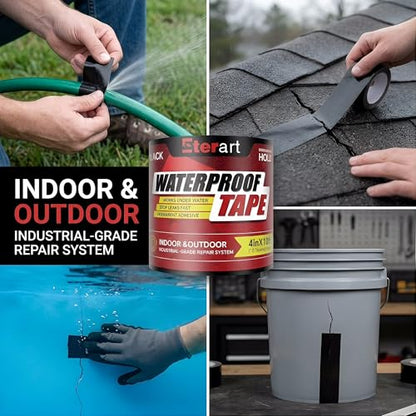 Waterproof Tape Black 4 Inch x 10 FT - Heavy Duty Rubberized Seal Repair for Active Leaks - Fix Roofs, Underwater Pool Liners & Pipes - All-Weather Emergency Patch Tool for Homeowners & Campers - color: Black