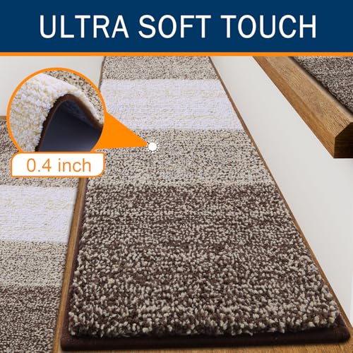 OLANLY Stair Treads Non Slip 15PCS, 8" x 30" Indoor Stair Runners for Wooden Steps, Edging Stair Rugs with Reusable Peel and Stick Adhesive for Kids Elders and Pets, Light Brown - color: Light Brown