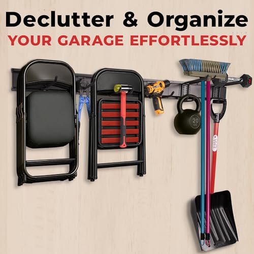 NINE FORTY Garage Tool Organizer Wall Mount - 49.5 Inches, 16" Stud Spacing, 440 LBS. Sturdy Rubber Coated Garden Tool Organizer and Storage Rack with Adjustable Hooks