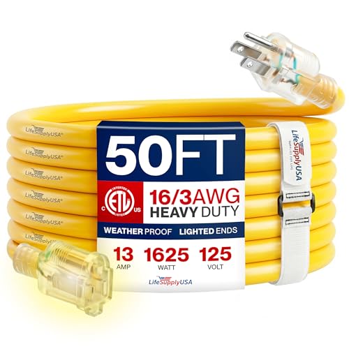 50ft Outdoor/Indoor Extension Cord 16/3 Gauge Heavy Duty 3 Prong SJTW, Waterproof, ETL Listed, Flexible Cold-Resistant Long Power Cord,13A 125V 1625W, Yellow by LifeSupplyUSA - color: Yellow, size: 50 FT, style: 16 Gauge (LIGHT DUTY)