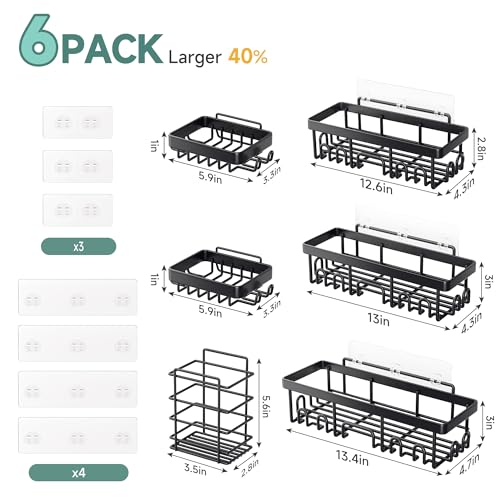 Veken Shower Caddy 6-Pack, Advanced Rustproof Design, No Drilling Adhesive Shelves, Rack with Soap Holder, Large Capacity Bathroom Organizers and Storage, Wall-Mounted, Gifts for Women Mom - color: Black