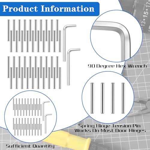 Spring Hinge Tension Pin Replacement Kit, 40 Pcs Stainless Steel Shelf Pins and 2 Pcs Hex Wrenches, Door Closing Hinge Pin, Metal Dowel Pegs Shelf Support Kit for Garage Doors, Self Closing Door