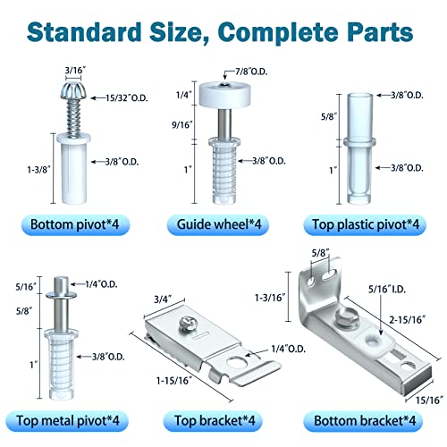 Bifold Door Hardware Repair Kit - 4 Packs Bi-fold Sliding Closet Doors Replacement Parts Include Top & Bottom Bracket, 3/8" Pivot, 7/8" Guides Wheel, for Folding Pocket Door Accordion - style: 4 Pack Sliver