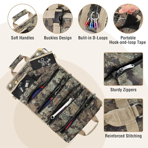 WORKPRO Roll Tool Bag with Detachable Pouches, Heavy Duty Organizer - 6 Pockets, for Mechanics, Electricians, Plumbers & Carpenters - Camo - color: Camo