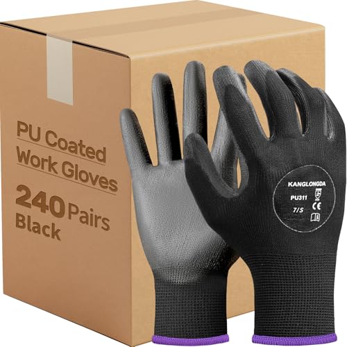 Kebada Safety Work Gloves,240 Pairs Bulk Pack, PU Coated, Ideal for Warehouse, Construction, Gardening and Mechanics, Black, Small - color: 240 Pairs-black, size: Small