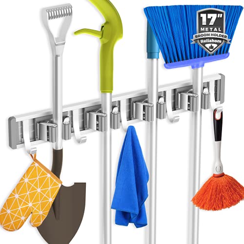 reliahom Adjustable Broom Holder Wall Mount, Mop Storage Tool Racks, Broom Hanger Tool Organizer for Garage, Kitchen, Garden, Laundry Room, 4 Racks 5 Hooks Silver - color: Silver, size: 1 Pack 4R5H