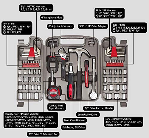 Apollo Tools 79 Piece Multi-Purpose SAE and Metric Tool Set with Sockets for the Garage, Home or on the Road. Includes Essential Tools for Vehicle Maintenance and Repairs - Red- DT9411 - size: 79-piece