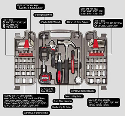 Apollo Tools 79 Piece Multi-Purpose SAE and Metric Tool Set with Sockets for the Garage, Home or on the Road. Includes Essential Tools for Vehicle Maintenance and Repairs - Red- DT9411 - size: 79-piece