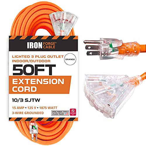Iron Forge Cable 10 Gauge 50ft Lighted Outdoor Heavy Duty Extension Cord with 3 Outlets - 15 Amp 10/3 SJTW Orange Extension Cord with Multiple Outlets - color: Orange, size: 50 Foot