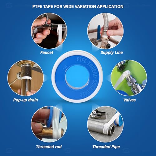 Supply Giant Plumbers PTFE Tape 1/2" W x 1080" L Pipe Thread Tape, High Density Thread Sealant Tape Water Seal Plumbing Tape for Shower Head, Pipes, Gas Lines, Leak Prevention - size: 1080", style: Pack of 1