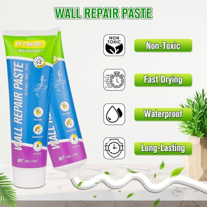Jetmore 12 Pcs Drywall Repair Kit, 3 × 3.5 oz (100g Each) Spackle, Wall Repair Paste, Wall Putty, Wall Hole Filler with Putty Knife & Sanding Pad for Nail Holes, Cracks, Dents, Wall Mending Agent
