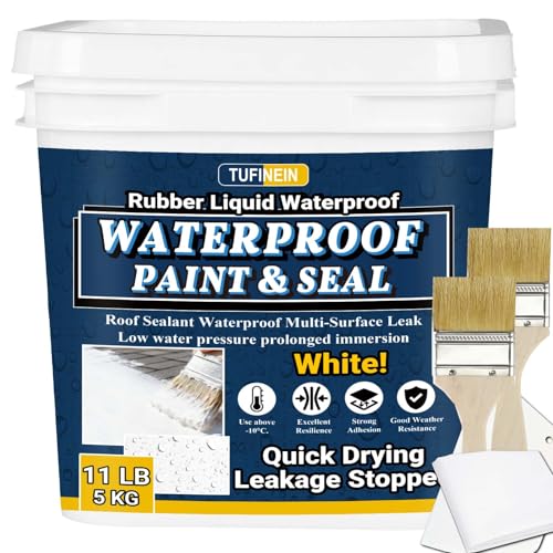 Rubber Liquid Waterproof Sealant, TUFINEIN 11 LB/5 KG White Quick Drying Multi Surface Foundation Leak Repair - Roof Gutters Basement Sealer Waterproof - Indoor & Outdoor Flexible Rubber Paint - color: White, size: 11 LB