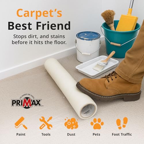 PRIMAX Carpet Protector Film 36" x 200' – Self-Adhesive Carpet Protection Film – Clear Plastic Floor Cover – Sticky, Tear-Resistant, Easy Removal – for Moving, Painting, Construction - size: 36" x 200'