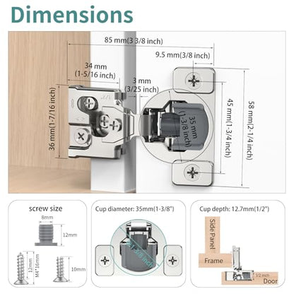 20 Pack 1/2" Overlay 3D Soft Close Hinges for Face Frame Kitchen Cabinet, 3 Way Adjust, Self Closing Concealed Cabinet Hinges-105 Degree - size: 1/2 inch Overlay