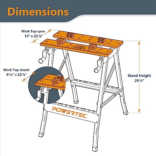 POWERTEC MT4006C Portable Workbench w/Bench Dogs & Clamps | Folding Sawhorse Worktable w/4 Bench Dogs & 2 Quick Release Bench Dog Clamps, Imprinted Ruler and Protractor Scale for Woodworking Projects