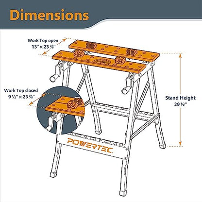 POWERTEC MT4006C Portable Workbench w/Bench Dogs & Clamps | Folding Sawhorse Worktable w/4 Bench Dogs & 2 Quick Release Bench Dog Clamps, Imprinted Ruler and Protractor Scale for Woodworking Projects