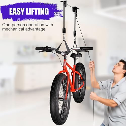 TRUSOON Bike Hoist, Heavy Duty Ebike Lift Pulley System for Garage Ceiling Overhead Storage for Bicycle, Ladders, Snowboard, Holds Up to 85 lbs Capacity, Fit 10-16 Foot High Ceilings