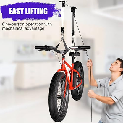TRUSOON Bike Hoist, Heavy Duty Ebike Lift Pulley System for Garage Ceiling Overhead Storage for Bicycle, Ladders, Snowboard, Holds Up to 85 lbs Capacity, Fit 10-16 Foot High Ceilings