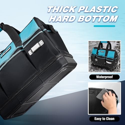 DURATECH 16-Inch Heavy Duty Tool Bag with Waterproof Hard Bottom, Tool Bag Organizer Wide Open Mouth with 18 Pockets, Portable Toolbag for Men Mechanic Electrician Plumber HVAC - size: 16 Inch