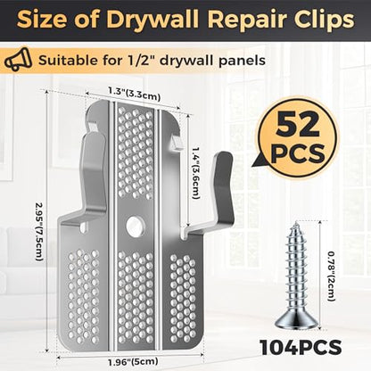 52 Pack Drywall Repair Clips,Easy Install Drywall Clip 1/2 Inch,Professional Hole Repair Patch Kit for Wall and Sheetrock, Strong Metal Backing Clips with Screws for Home Improvement - color: Silver-52