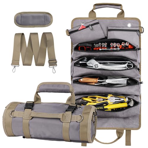 Tool Roll Up Bag, 1680D Heavy Duty Tool Bag Organizer with 2 Detachable Tool Pouches & Multiple Pockets, Waterproof Motorcycle Tool Roll for Mechanic & Electrician, Gift for Men Him Dad, 21.9"*14.7" - color: Grey