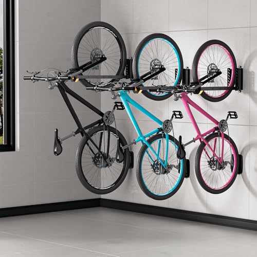 2 Pack Bike Wall Mount, Swivel Vertical No-Lift Bicycle Rack for Garage & Apartment Storage, 4 Sizes Adjustable Bike Wall Hanger Holds 77lbs, eBike MTB Road Bike Space-Saving Organizer