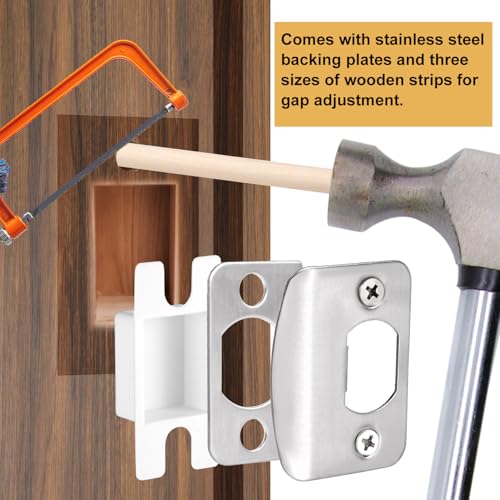 1 Set Door Strike Plate, Standard Door Latch Restorer with Spacer Shim & Dust Box Stainless Steel Security Door Lock Strike Plate Replacement Repair Kits with Screws