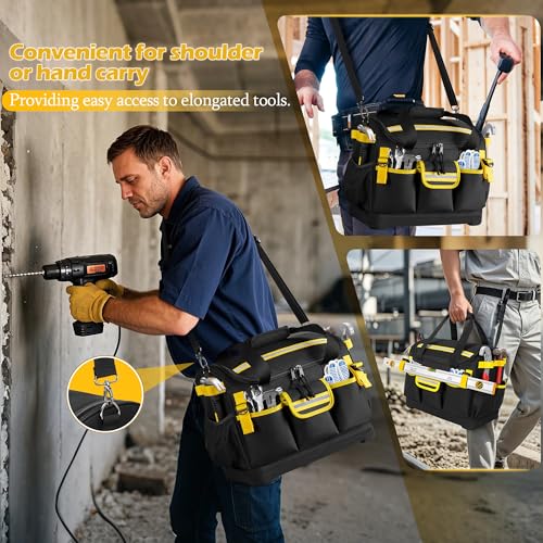 15-Inch Tool Organizer Bag with Hard Base, Heavy Duty Tool Box for Men, Tactical Electrical Work Bag for Electrician, Craftsman, Black