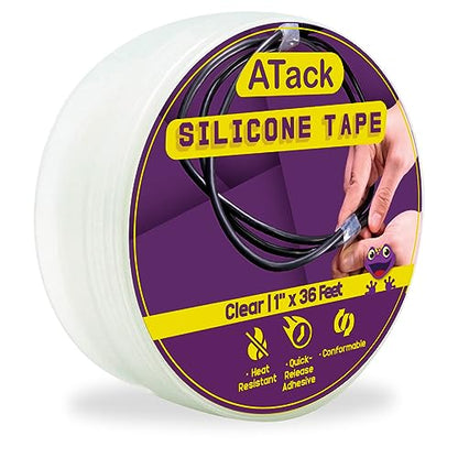 ATack Silicone Self Fusing Tape 1-Inch x 36-Foot (Clear) Waterproof and Weatherproof Self-Fusing Silicone Rubber Sealing Wrap Quick Fix Repair Tape for Hose, Pipe, Plumbing Emergency Repair 25 Mil - color: Clear