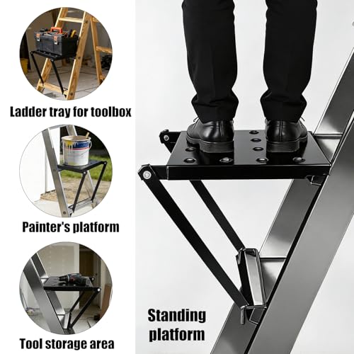 Foldable Ladder Platform, 300lbs Capacity Non-Slip Stable Work Tray Attachment Metal Ladder Step Platform for Painters, Tools & DIY (Black)