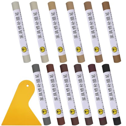 12 Colors Wood Furniture Filler Sticks, Wood Repair Wax Crayons with Yellow Scraper, Crayons Wood Filler Furniture Repair Wax Filler Sticks for Repairing Scratch, Scuff, Crack and Hole Touch Up Kit