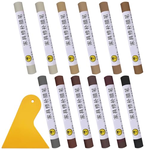 12 Colors Wood Furniture Filler Sticks, Wood Repair Wax Crayons with Yellow Scraper, Crayons Wood Filler Furniture Repair Wax Filler Sticks for Repairing Scratch, Scuff, Crack and Hole Touch Up Kit