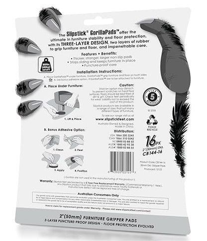 GorillaPads Non Slip Furniture Pads/Floor Grippers (Set of 16 Grips) 2 Inch Round Floor Protectors for Under Furniture, Black, CB144-16 - size: 2" Round 16 Pack
