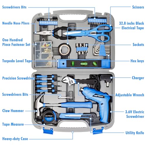 CARTMAN 149 Piece Tool Set General Household Hand Tool Kit with Cordless Screwdriver Blue - style: 149 PC