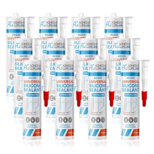 Adhesive Guru All Purpose Clear Silicone Sealant Waterproof (12 x 10.15 fl.oz.), 100% Silicone Caulk, Weatherproof & Flexible Adhesive Sealant for Indoor and Outdoor Use, Transparent -12 Pack - size: 12 Pack