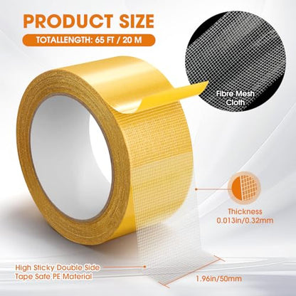 Double Sided Fabric Tape Heavy Duty Mounting Tape, Multifunctional High Stickness Strong Tape, Clear Gauze Fiberglass Tape for Clothes Pictures Posters Frames Carpet Art (1.96In x65FT(20M)) - size: 1.96In x65FT(20M)