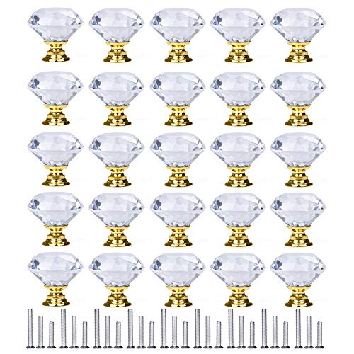 YourGift 25 Pack Drawer Knobs Diamond Shaped Crystal Glass 30mm Cabinet Knobs Pull Handles (30 mm, 25 Pack, Gold) - color: Gold, size: 30 mm, 25 Pack