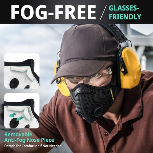 FIGHTECH Dust Mask – Reusable Face Mask with Carbon Filters and Air Valves for Woodworking, Construction, Moving - style: Black Single, Large