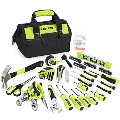 FASTPRO 220-Piece Home Tool Set, Household Repairing Tool Kit, with 12-Inch Wide Mouth Open Storage Tool Bag, Green - color: Green