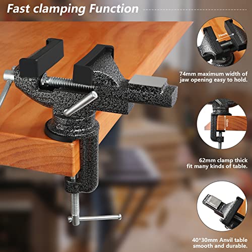GOXAWEE Universal Bench Vise, 3.15 Inch Table Clamp, 360-Degree Swivel Base, Small Home Vice, Clamp-on Tool for Woodworking, Cutting Conduit, Small DIY Projects, Craft Creation, Sculpting and Modeling