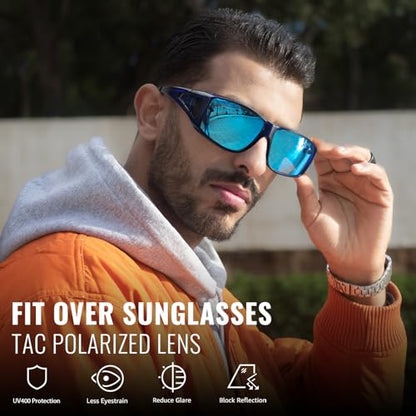Myiaur Polarized Fit Over Glasses Sunglasses for Men Women, Trendy Wrap Around Sunglasses UV Protection for Driving (2 Pack) - color: A07(2 Pack) Black+transparent Blue/Blue Lens