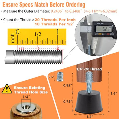 NEWBYTEK Adjustable 1/4" Rubber Threaded Furniture Levelers - 8 Pack | Screw-in Table Chair Feet Glides for Chairs, Tables, Cabinets, Patio Furniture - size: 1/4-20 Thread, 8 Pack