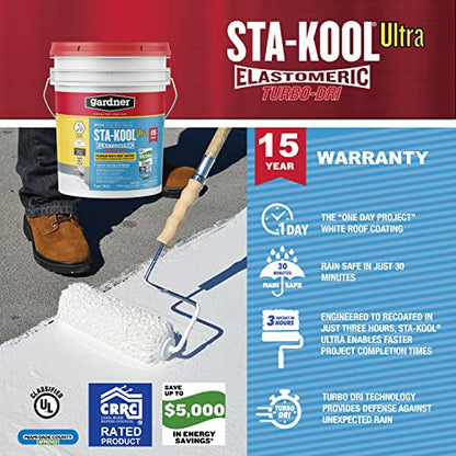 Gardner-Gibson Sta-Kool 15-Year Turbo-Dri Elastomeric Roof Coating, White, 5 Gal., Flexible White Acrylic Roof Coating, Reflective Finish Keeps Cool, Great for RV