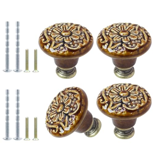 Brown Ceramic 16pcs Vintage Kitchen Cabinet Knobs Pulls, Retro Drawer Pull Handles for Closet, Cupboard, Furniture Door Knobs - color: Brown, size: 16pcs-1.3 Inch
