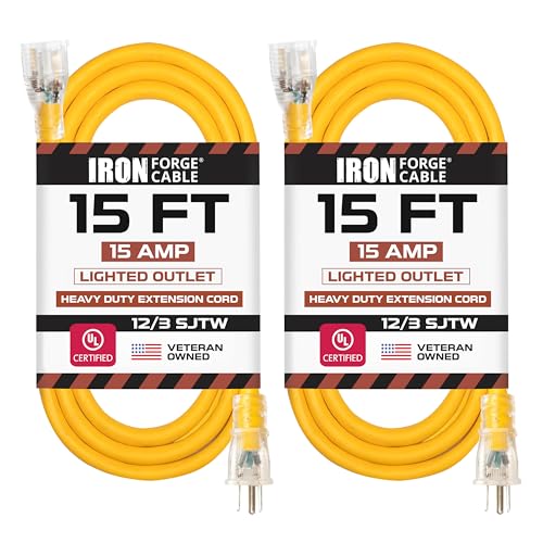 Iron Forge Cable Lighted Outdoor Extension Cord 15 ft 2 Pack - 12 Gauge 15 Amp Heavy Duty Power Extension Cords - SJTW - Great for Major Appliances, Power Tools, Garden Supplies - Yellow - size: 15FT-2pk