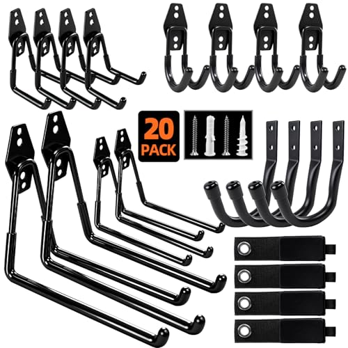 20 Pack Heavy Duty Garage Hooks Wall Mount Steel Garage Storage Hooks with Anti-Slip Coating for Hanging Ladders,Bikes,Garden Tools,Bulk Items Ropes and More Equipment