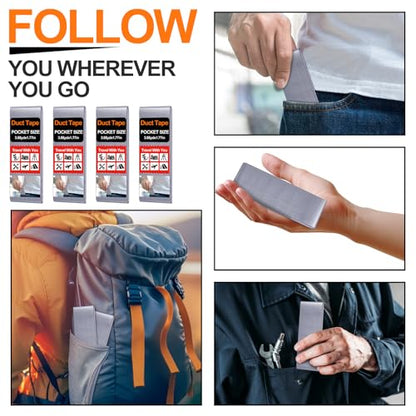 4 Pack 1.77 in x 10 ft Travel Duct Tape Mini Pocket Size Flat Roll Flexible Heavy Duty Waterproof Tear by Hand for Repair Outdoor Emergency Gear EDC DIY Craft Camping Hiking (Silver) - size: Silver