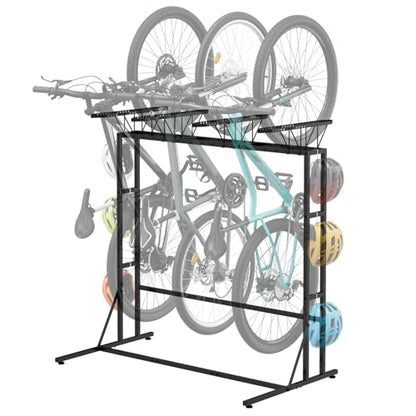 OYEAL Vertical Bike Stand, Free Standing Bike Rack Garage with 6 Hooks, Indoor/Outdoor Floor Bike Storage for 3 Adult Mountain/Road &1 Kids Bikes, Max Tire Width 2.6”, Black
