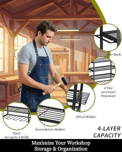Wall Mount Tool Organizer, 3-Layer Heavy Duty Metal Rack for 4 Drills, with Screwdriver and Hammer Holder, 150 Lbs Capacity, Garage and Workshop Storage (trumpet, 4-4)