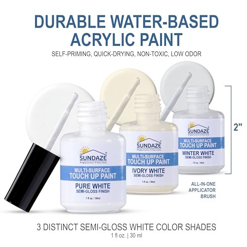 Sundaze Semi-Gloss White Touch-Up Paint Pen Kit - Wall, Kitchen Cabinet, Furniture, Wood Door Touch Up - 3 Color Shades, Instantly Repair & Restore Scratches, Chips, Stains - Mix Perfect Color Match